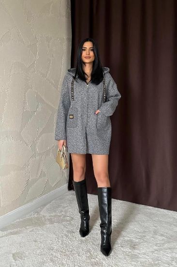Gri Armalı Kapşonlu Peluş Ceket resmi